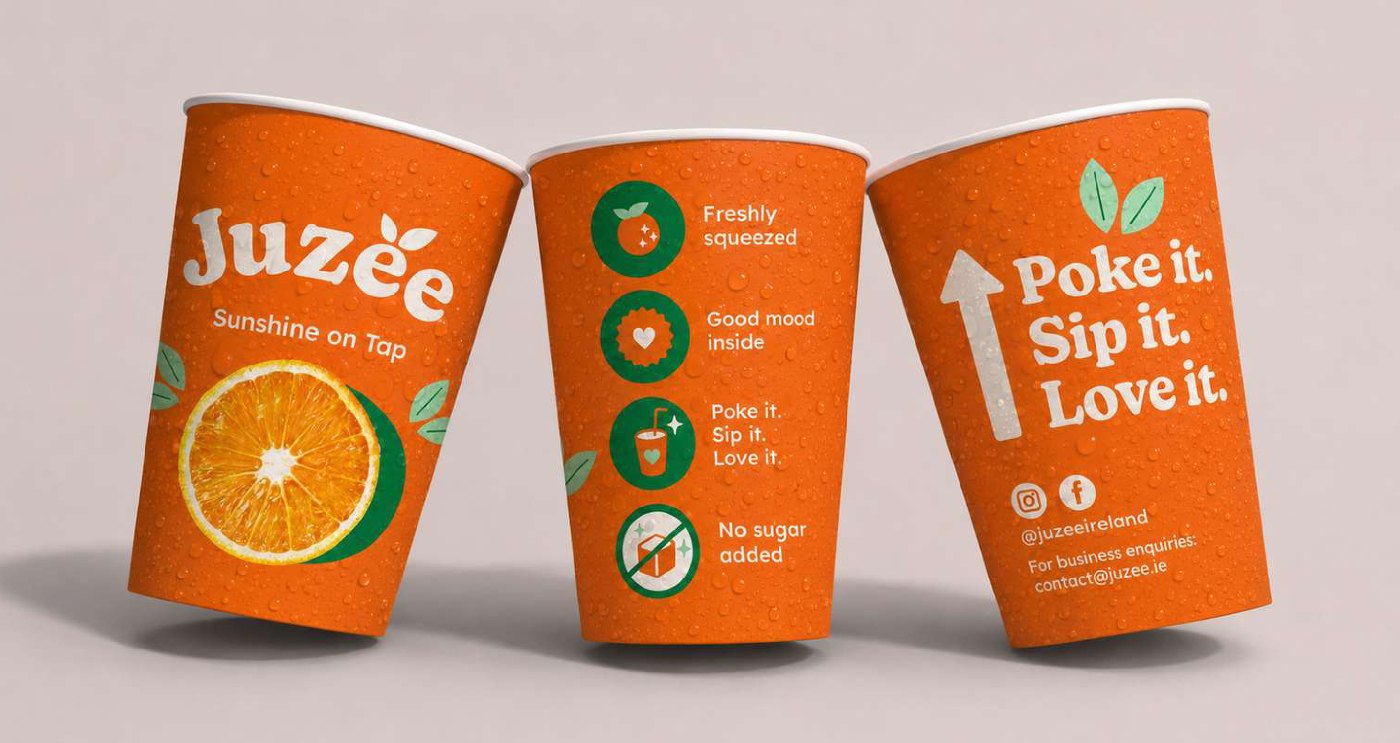 Three orange Juzee cups printed with Sunshine on Tap and Poke it. Sip it. Love it.